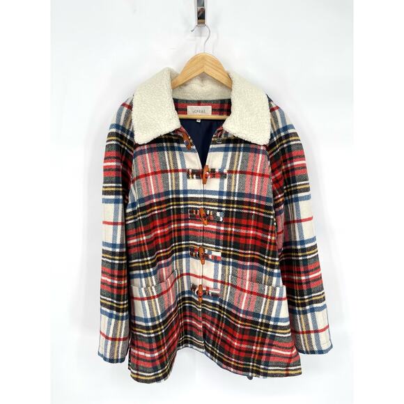 The Great. The Cabinmate Toggle Jacket Faux Shearling Greenwood Plaid size Large - Picture 4 of 13